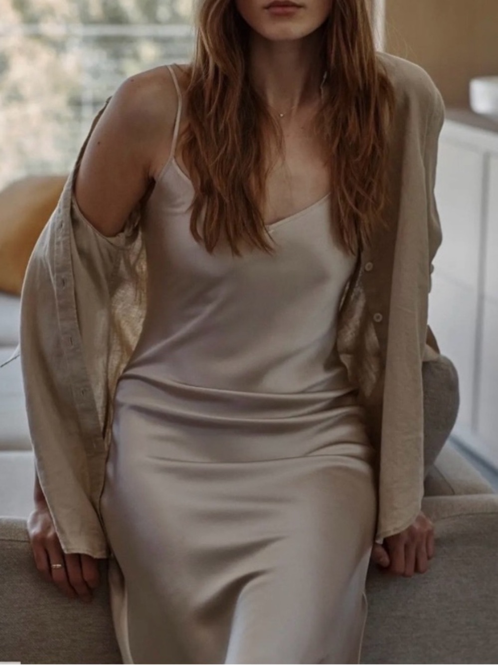 Quince 100% Silk Midi Slip Dress Champagne Cream Morel Grey Medium